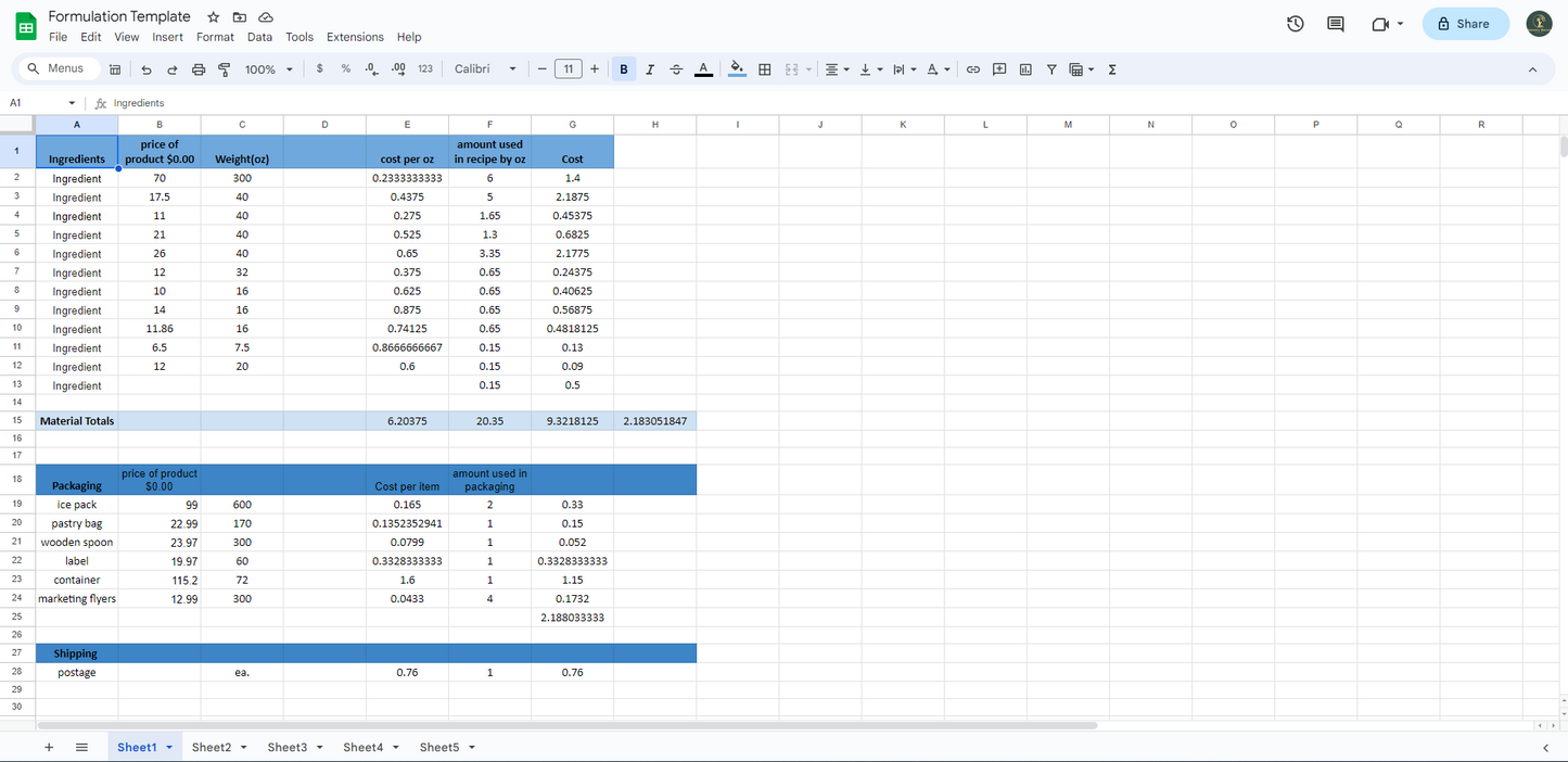 Price Formulation Sheet Template